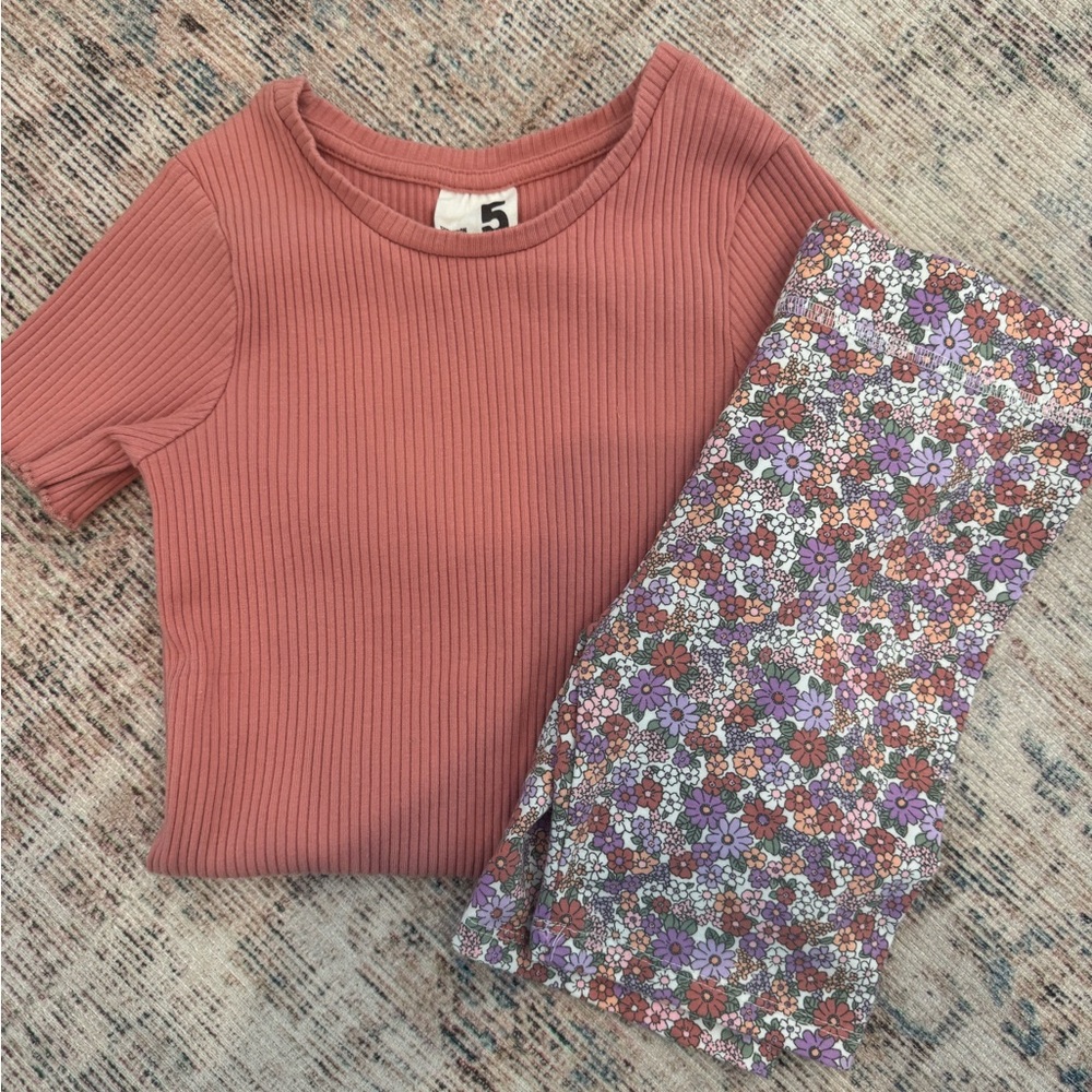 Ribbed Pink Top and Floral Biker Shorts